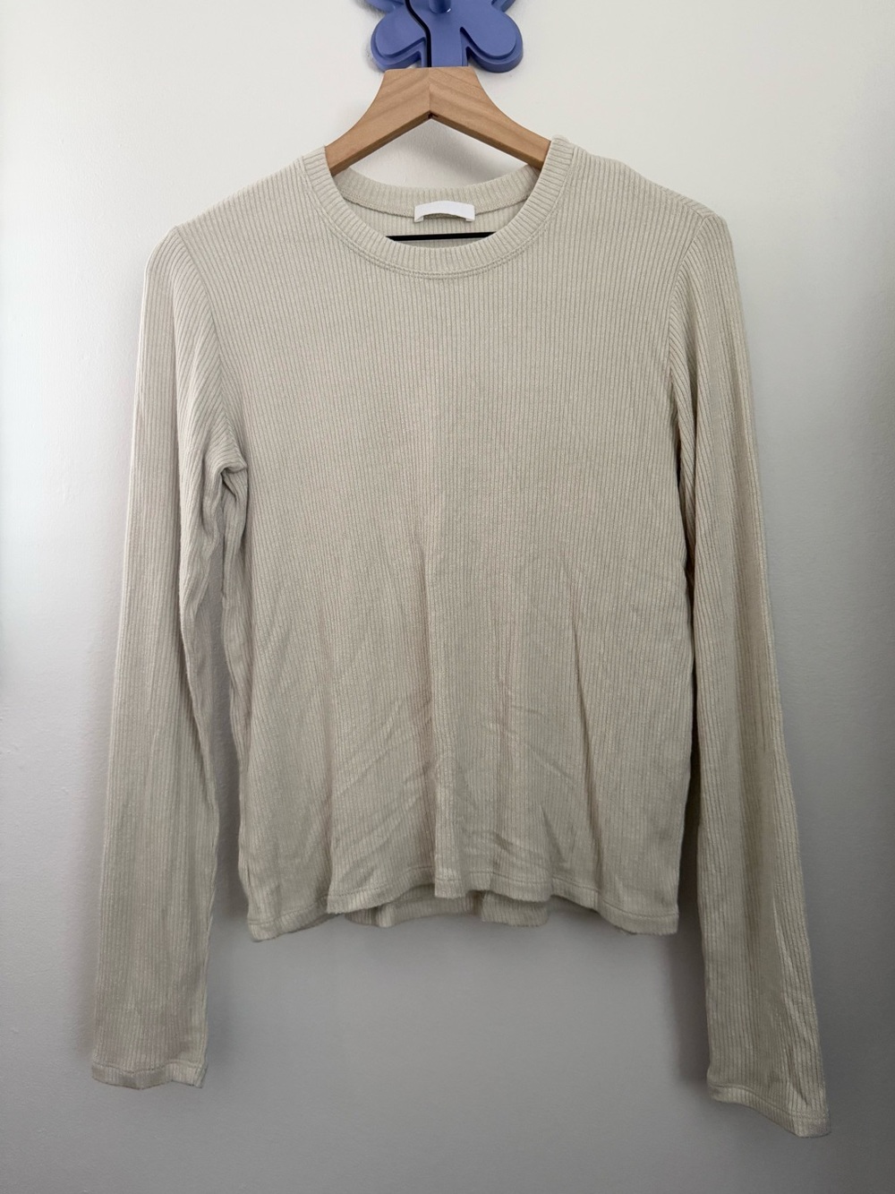 SABLYN Small Ryder Rib Knit Top Bone Beige Flax Relaxed Crew Neck Office Work